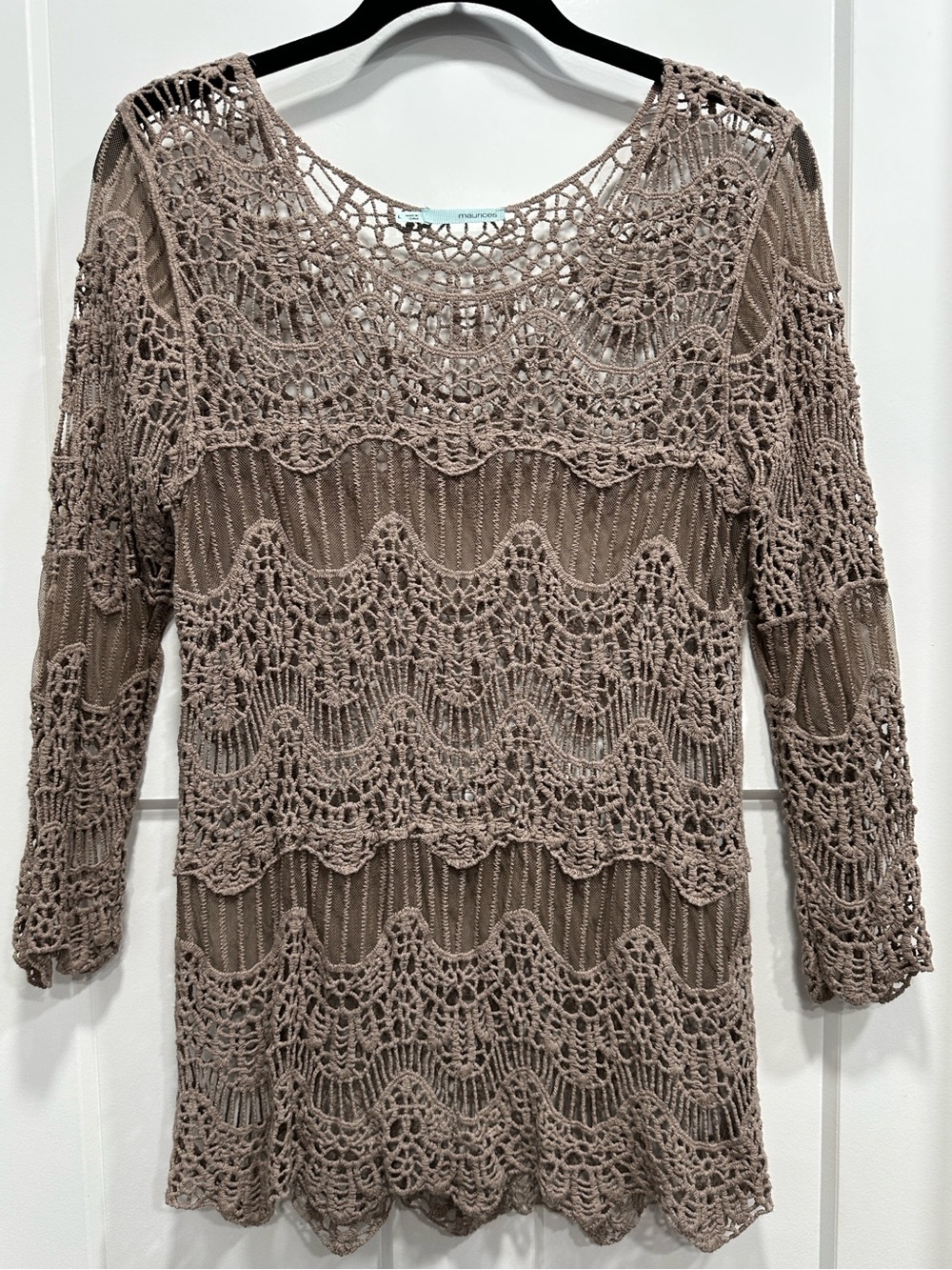 Women’s Crochet Knit Long Sleeve Top in Taupe - Large